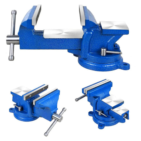 Heavy Duty 5 Inch Vise With 360 Degree Swivel Base And Anvil Clamp, Built Like A Tank, Cast Steel Construction, Table Clamp Woodworking Vice For Drilling, Pipe Cutting, And Woodworking Jobs, Blue shown from three angles