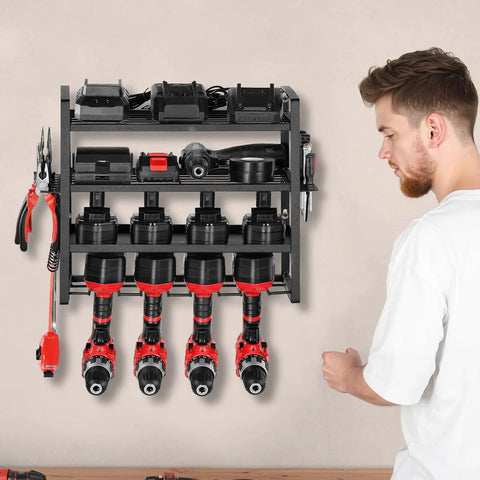 Power Tool Organizer Wall Mount Four Tier Storage Rack With Four Drill Holders And Screwdriver Holder in garage