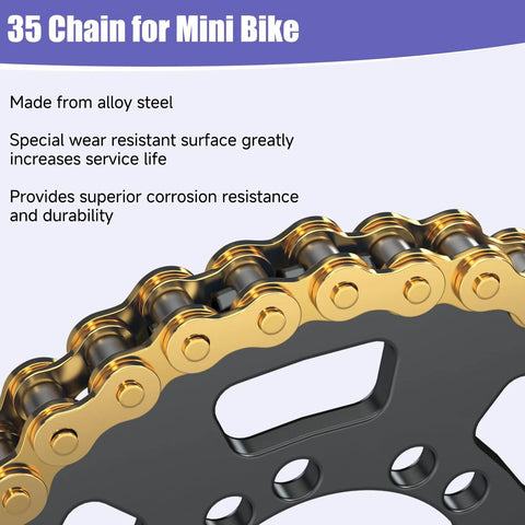 Close-up of CILOYU 35 chain for mini bike in gold on black sprocket
