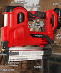 Heavy Duty 20V Cordless Brad Nailer And Stapler Kit Featuring Adjustable Depth Control, red tool highlighting features.