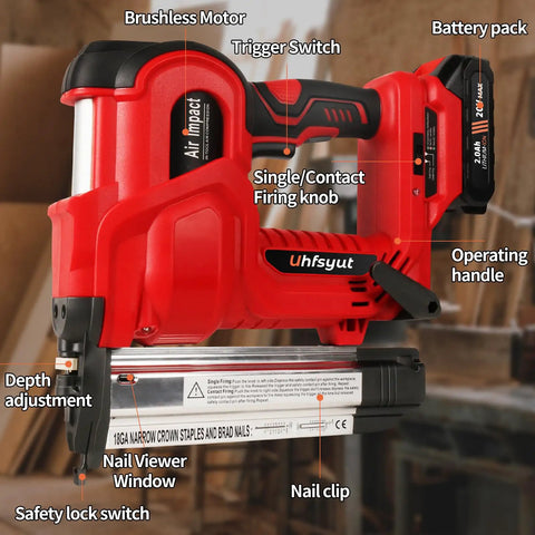 Heavy Duty 20V Cordless Brad Nailer And Stapler Kit Featuring Adjustable Depth Control, red tool highlighting features.