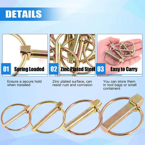 Heavy Duty Lynch Pin Assortment Kit With 30 Pcs, Spring Loaded Pins shown with rust resistant yellow zinc plated finish