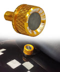 No Sweat Quick Swap Rear Seat Bolt Featuring Carbon Fiber Knob And Aircraft Grade Aluminum for motorcycle mods, gold finish, close-up view.