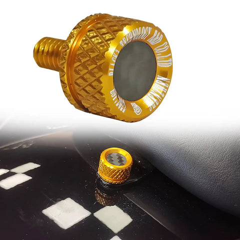 No Sweat Quick Swap Rear Seat Bolt Featuring Carbon Fiber Knob And Aircraft Grade Aluminum for motorcycle mods, gold finish, close-up view.