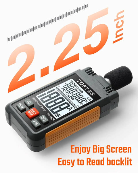 Orange Sound Level Meter With A Weighting, 30 To 130 dB Range, Portable Decibel Meter With 2.25 Inch Backlit LCD, Data Hold, Max Min, Ideal For Home Use, Noisy Neighbor Monitoring, Workshop And Factory Noise Tracking. Front view on white background.