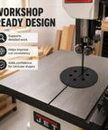 14-inch band saw with zero clearance insert plate, cleaner edges, reduced tearout, drop in throat slot guide for detailed cuts.