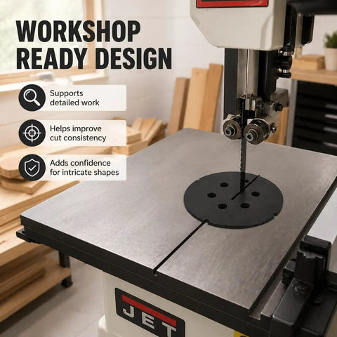 14-inch band saw with zero clearance insert plate, cleaner edges, reduced tearout, drop in throat slot guide for detailed cuts.