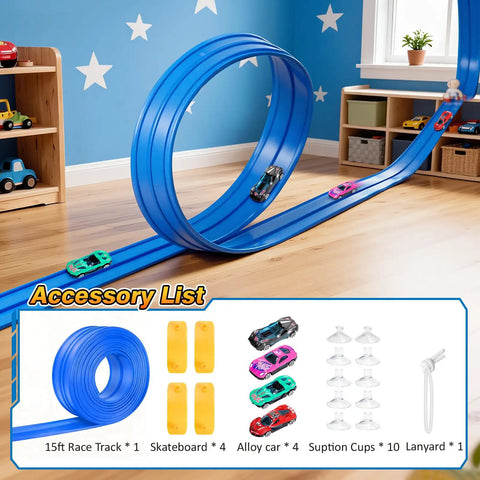 15Ft Flexible Race Car Track For Kids With Suction Cups Easy Setup, 4 Cars, Blue Track Setup in Playroom