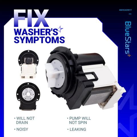 Plug And Play Drain Pump 4681EA2001T For LG Washers Like WM3170CW WM3270CW WM8100HVA displayed with washers' symptoms text