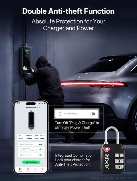 Badass Level Two EV Charger With Forty Amp J1772 Connector Slick WiFi App Control demonstrating anti-theft features with a lock.