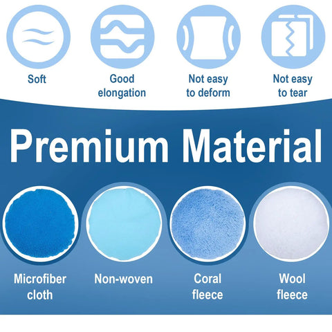 20 Piece Car Buffer Pad Set For Orbital Polisher 5 To 6 Inch Pads For Polishing Buffing And Waxing With Navy Blue Terry Cloth White Wool And Blue Non Woven Pads For A Pro Shine. Premium material icons showing microfiber, non-woven, coral fleece, and wool fleece