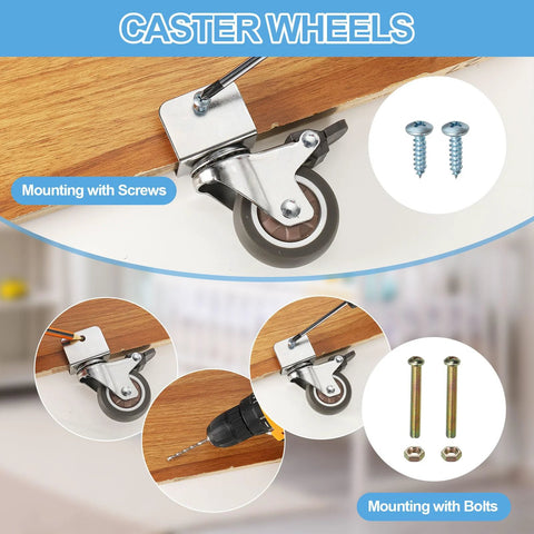 Swivel Caster Wheels Set Four Pcs 2 Inch 50 Mm Thermoplastic Rubber With 1 Inch U Bracket Opening For Furniture Office Chairs Carts Cabinets 55 Lb Capacity Per Caster Brown Ideal For Home And Workplace Use, shown installed under wooden surface with screws and bolts included