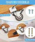 1 Inch Swivel Caster Wheels Set, 4 Pieces, 0.7 Inch U Bracket Opening, 55 Lb Capacity Per Caster, mounted on furniture, screws and bolts included