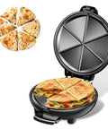 Novalife Electric Quesadilla Maker 9.5 Inch Press with quesadilla wedges and non-stick plates, ideal for quick snacks.