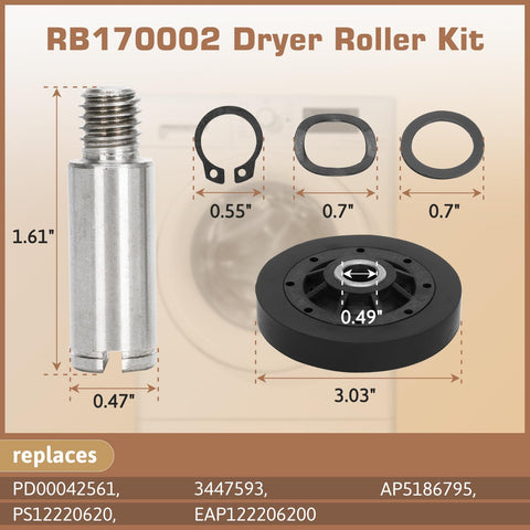 RB170002 dryer roller kit components with dimensions shown for Ultimate Dryer Repair Kit For 1992 And Newer SM Series Dryers.