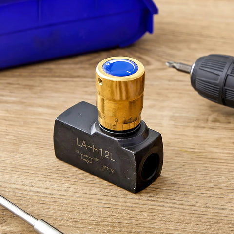 Brass hydraulic flow-control needle valve with blue knurled adjuster, 1/2 in NPT ports, mounted on black block (front view).