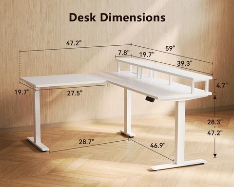Electric L-Shaped Standing Desk With Monitor Stand And Built In Power Outlets 59 Inch Height Adjustable Sit Stand Desk For Home Office A Real Workhorse Lift Table For Workstation White with dimensions