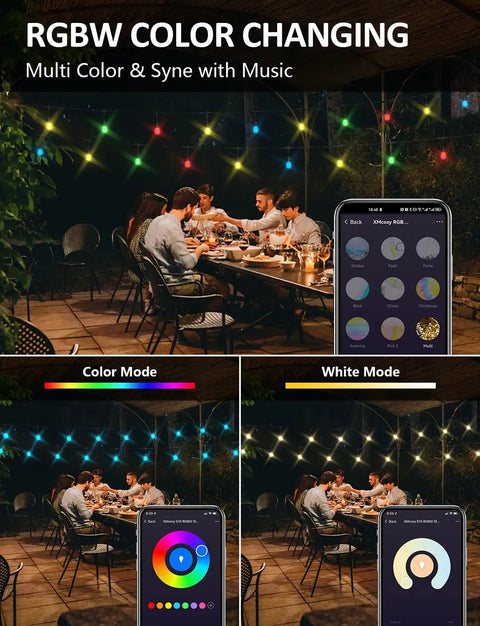 Smart RGBW Outdoor String Lights 98Ft Waterproof Patio Lights With App Control Alexa Ready Color Changing LED for yard dining scene