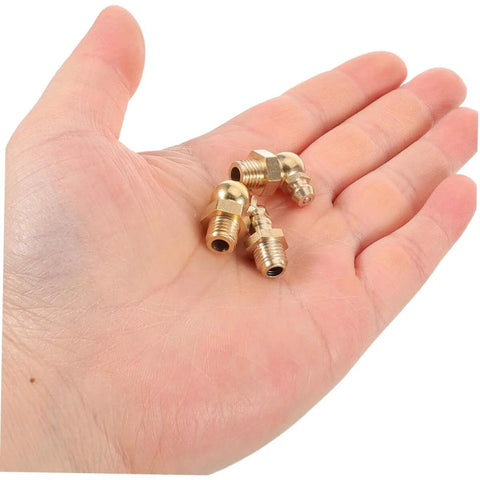 Hand holding Heavy Duty 9pcs Grease Fitting Kit With Copper Nipples For Automotive And Excavator Maintenance, Straight And Angled Nozzles