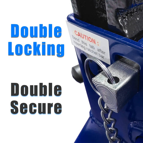 Close-up of lock feature on Beefy 3 Ton Double Locking Steel Jack Stands 2 Pack For Vehicle Lifts, blue finish, AT43002AU.