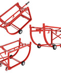Heavy Duty Drum Dolly For 55 Gallon Barrels, 600 Pound Steel Cart With Smooth Glide Casters, showing red steel frame and wheels.