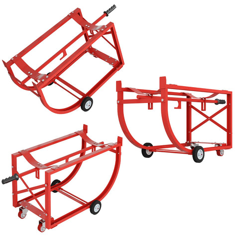 Heavy Duty Drum Dolly For 55 Gallon Barrels, 600 Pound Steel Cart With Smooth Glide Casters, showing red steel frame and wheels.