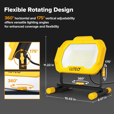 Beast 12500 Lumen LED Work Light With Dimmable Modes IP65 Waterproof Portable Flood Light on stand showing rotation angles