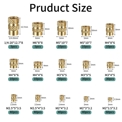 Brass Threaded Inserts Kit With Knurled Heat Set Nuts M2 M2.5 M3 M4 M5 M6 And 1/4 20 Female Thread for various thread sizes shown