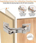 Diagram showing Six Inch Hidden Cabinet Hinges With Adjustable Opening Angle, illustrating 130-170° angle on wooden panels.