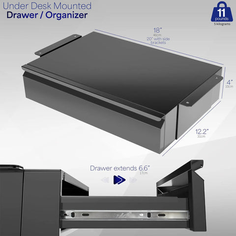 Under Desk Pullout Drawer 18 Inch Slide Out Storage Organizer For Home Office Black Keeps Clutter Down And Workflow Smooth With Easy Access Desk Hack DESKAC03B, showing closed unit dimensions and slide mechanism.