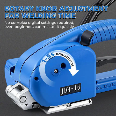 Close-up of Handy Workhorse Semi Automatic Electric Strapping Machine with rotary knob for welding time adjustment.