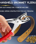 Handheld grommet pliers from 640Pcs Grommet Tool Kit With Eyelet Pliers And Washers Twelve Millimeter Inside Diameter Grommets One Half Inch Hand Punch Kit Silver And Gold Set For Fabric Upholstery Leather Craft 320 Sets, showing non-slip handle and double-spring construction for easy pressing with included grommets and washers.