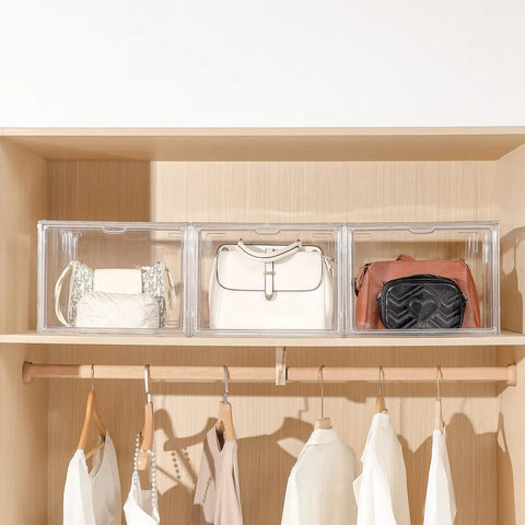3 Pack Clear Acrylic Purse And Handbag Organizer For Closet With Magnetic Door holding handbags on wooden shelf