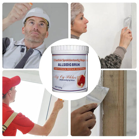 Collage of people using 500G Dense Filler Wall Repair Paste With Moistureproof Binder And Quick Blend Fiber Reinforced Crack Prevention Formula