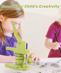 Children using DIY Button Badge Maker Kit 3 In 1 Press With 1 Inch, 1.25 Inch, And 2.25 Inch Molds on a table.