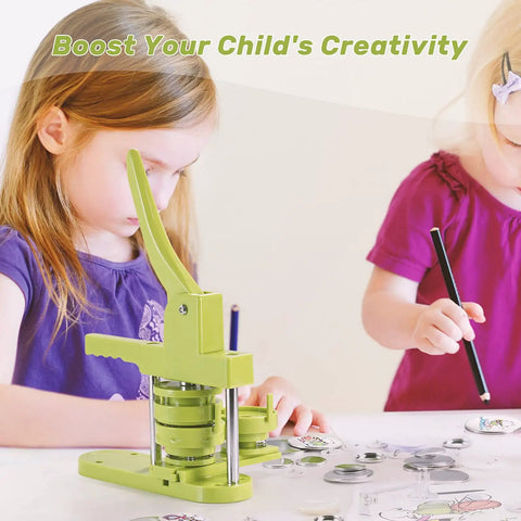 Children using DIY Button Badge Maker Kit 3 In 1 Press With 1 Inch, 1.25 Inch, And 2.25 Inch Molds on a table.