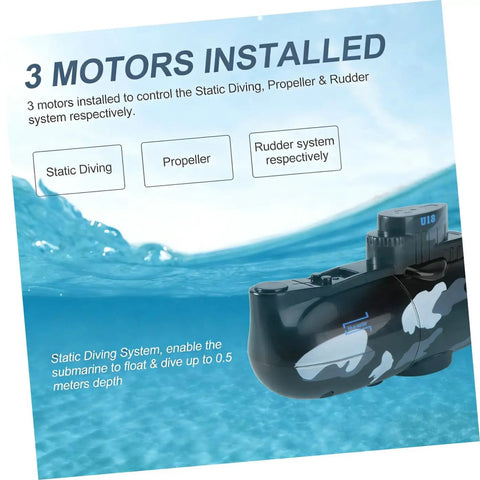Remote Control Submarine Boat For Pool Fun, 6 Channel RC Sub with description of static diving, propeller, and rudder system.