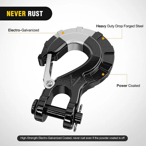 Three Eighths Inch Grade 70 Forged Steel Winch Hook Set With Safety Latch, Cable Stopper And Clevis Slip Hooks, Black, close-up.