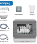 Packaging for Compact Countertop Dishwasher With Six Cycles And Energy Star Rating includes dish rack, cutlery basket, and hoses.