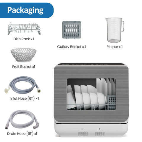Packaging for Compact Countertop Dishwasher With Six Cycles And Energy Star Rating includes dish rack, cutlery basket, and hoses.
