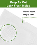 Close-up of Six Times Fresher Meals With 200 Count 8x12 Inch Vacuum Sealer Bags showing texture and 'Keep Air Out Lock Fresh Inside' text.