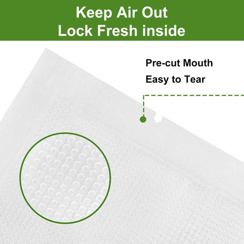 Close-up of Six Times Fresher Meals With 200 Count 8x12 Inch Vacuum Sealer Bags showing texture and 'Keep Air Out Lock Fresh Inside' text.