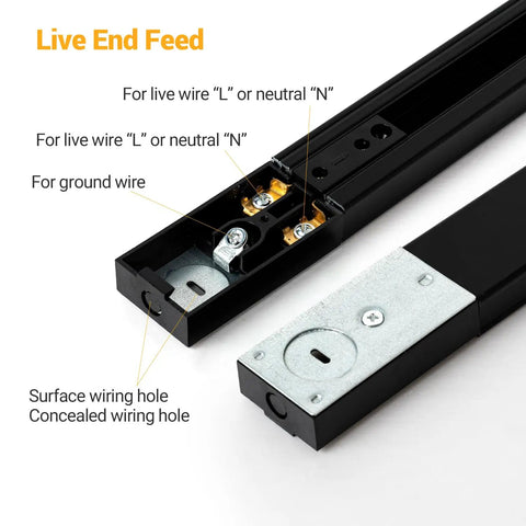Close-up of black live end feed for Six Point Six Foot H Style Track Lighting Kit with wiring points and connector details.