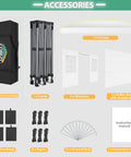 Accessories for 10x20 Pop Up Canopy Shelter With Six Sidewalls No Fuss One Push Setup Waterproof UPF 50 Gazebo, including carry bag and sandbags.