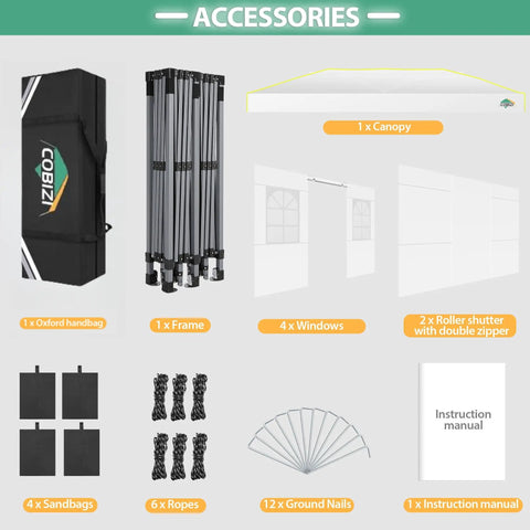 Accessories for 10x20 Pop Up Canopy Shelter With Six Sidewalls No Fuss One Push Setup Waterproof UPF 50 Gazebo, including carry bag and sandbags.