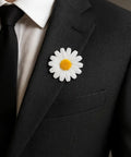 White Daisy Lapel Pin Fabric Flower Boutonniere for Suits and Blazers, 1.18 inch white flower on suit jacket.