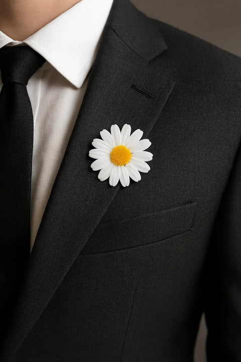 White Daisy Lapel Pin Fabric Flower Boutonniere for Suits and Blazers, 1.18 inch white flower on suit jacket.