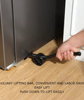 Heavy Duty Appliance Rollers With Furniture Lifter Tool Universal Wheel Sliders For Kitchen Moving Helper Supports Up To 300kg Load Capacity Iron Construction Keeps Floors Scratch Free Great For Washing Machines And Fridges Silver Finish, showing the lifting bar in use.