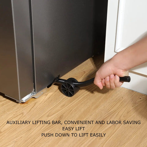Heavy Duty Appliance Rollers With Furniture Lifter Tool Universal Wheel Sliders For Kitchen Moving Helper Supports Up To 300kg Load Capacity Iron Construction Keeps Floors Scratch Free Great For Washing Machines And Fridges Silver Finish, showing the lifting bar in use.