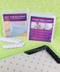 12 Piece Reusable No Slip Rug Grippers For Secure Rug And Mat Placement Washable Carpet Tape Keeps Rugs From Slipping On Hardwood Floors Tile And Laminate Black, packaging and usage examples on green background.